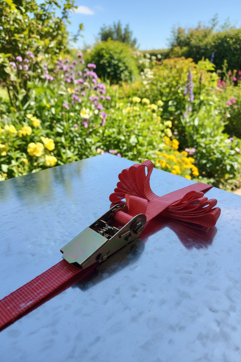 A red webbing strap with a metal ratchet buckle, tied around a metallic surface with a decorative red bow on top, in an outdoor setting.