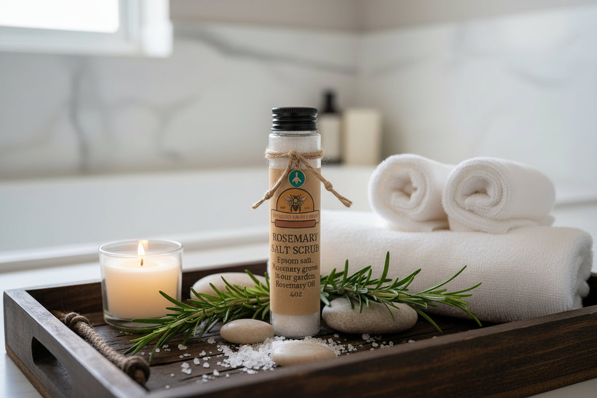A small glass vial of Rosemary Salt Scrub by The Refined Honey Farm, featuring a kraft paper label, a black cap, and a rustic twine bow with a bee emblem, set on a wooden table.